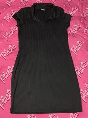 NWOT NoBo Black Ribbed Casual Lounge Tennis Shirt Sporty Zip Up Collar Dress